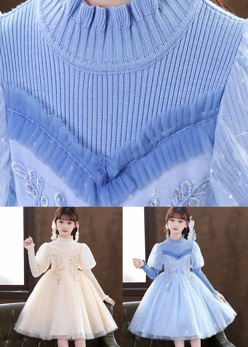 Art Blue Ruffled Sequins Patchwork Tulle Baby Party Dress Fall
