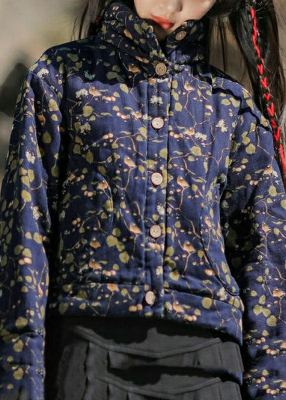 Art Blue Stand Collar Print Fine Cotton Filled Jacket in Winter