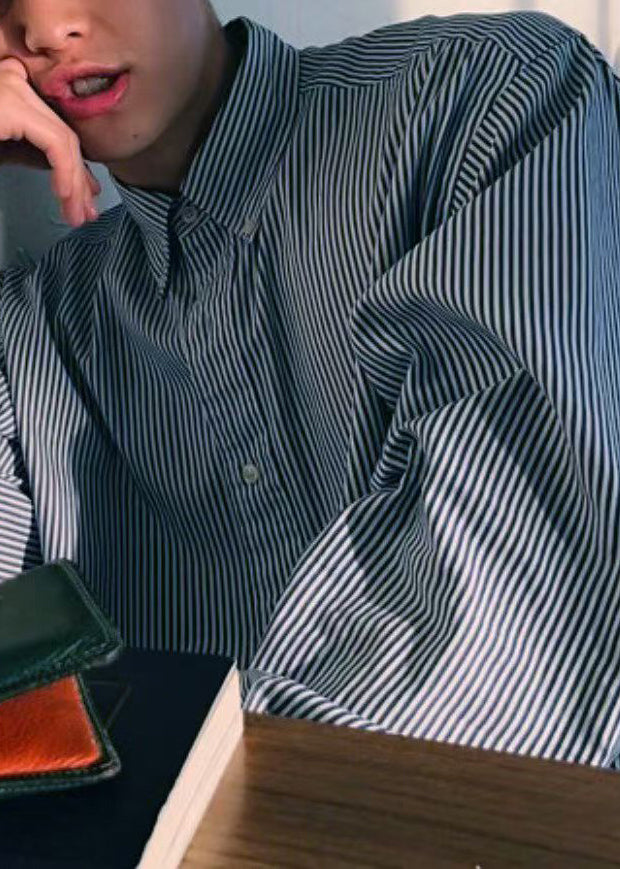 Art Blue Striped Button Cotton Shirts Spring