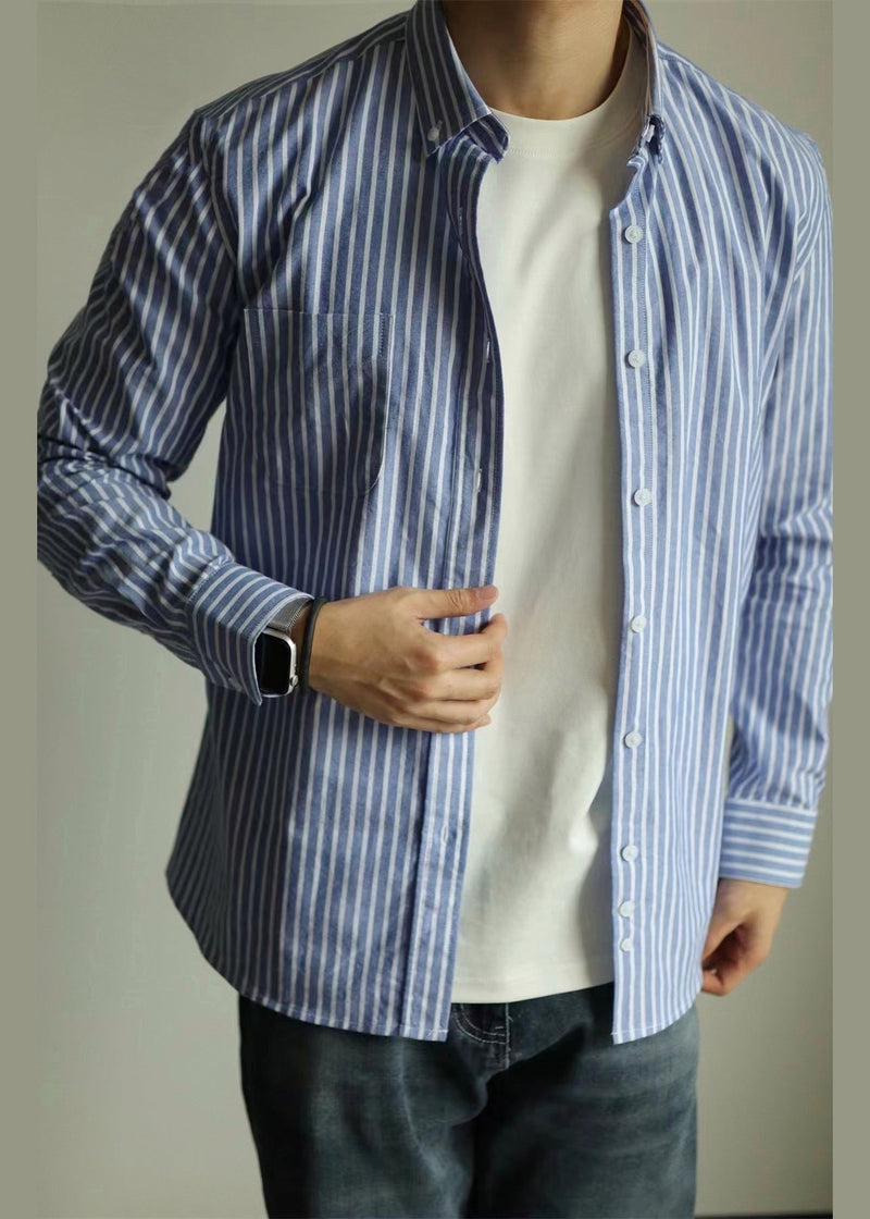 Art Blue Striped Button Pockets Cotton Shirts Fall