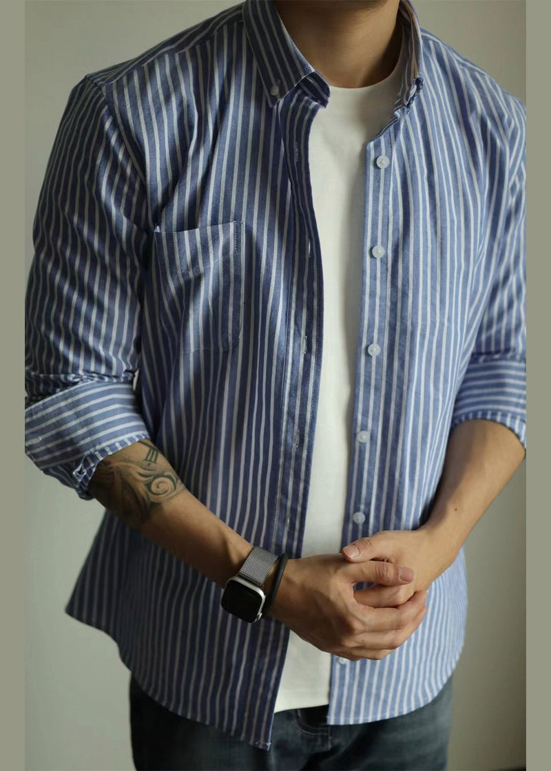 Art Blue Striped Button Pockets Cotton Shirts Fall