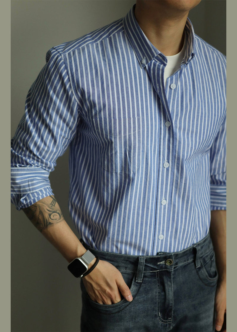 Art Blue Striped Button Pockets Cotton Shirts Fall