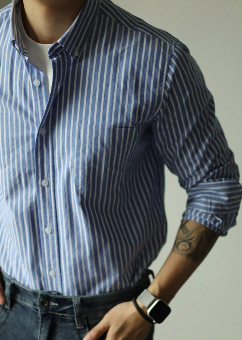 Art Blue Striped Button Pockets Cotton Shirts Fall