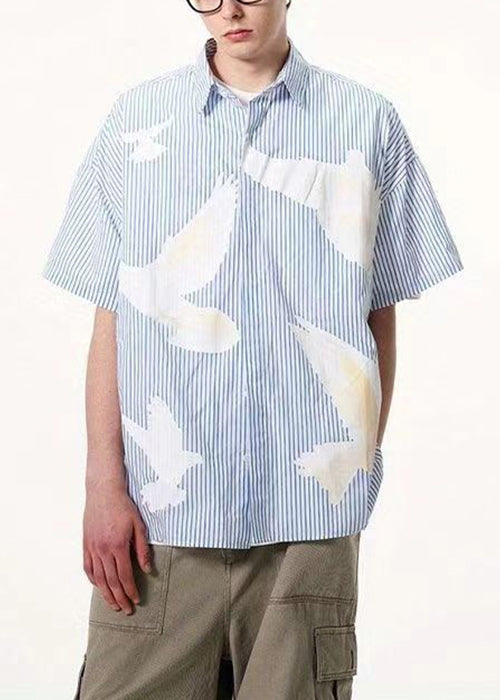Art Blue Striped Print Button Cotton Shirt Summer