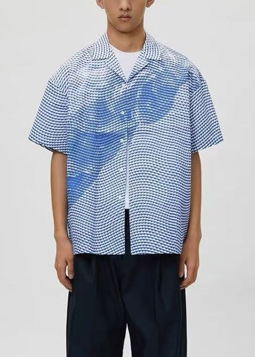 Art Blue Striped Print Cotton Shirts Summer