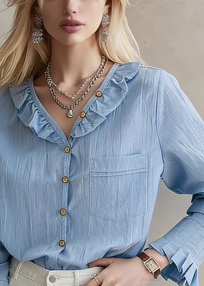 Art Blue V Neck Button Pocket Shirt Long Sleeve