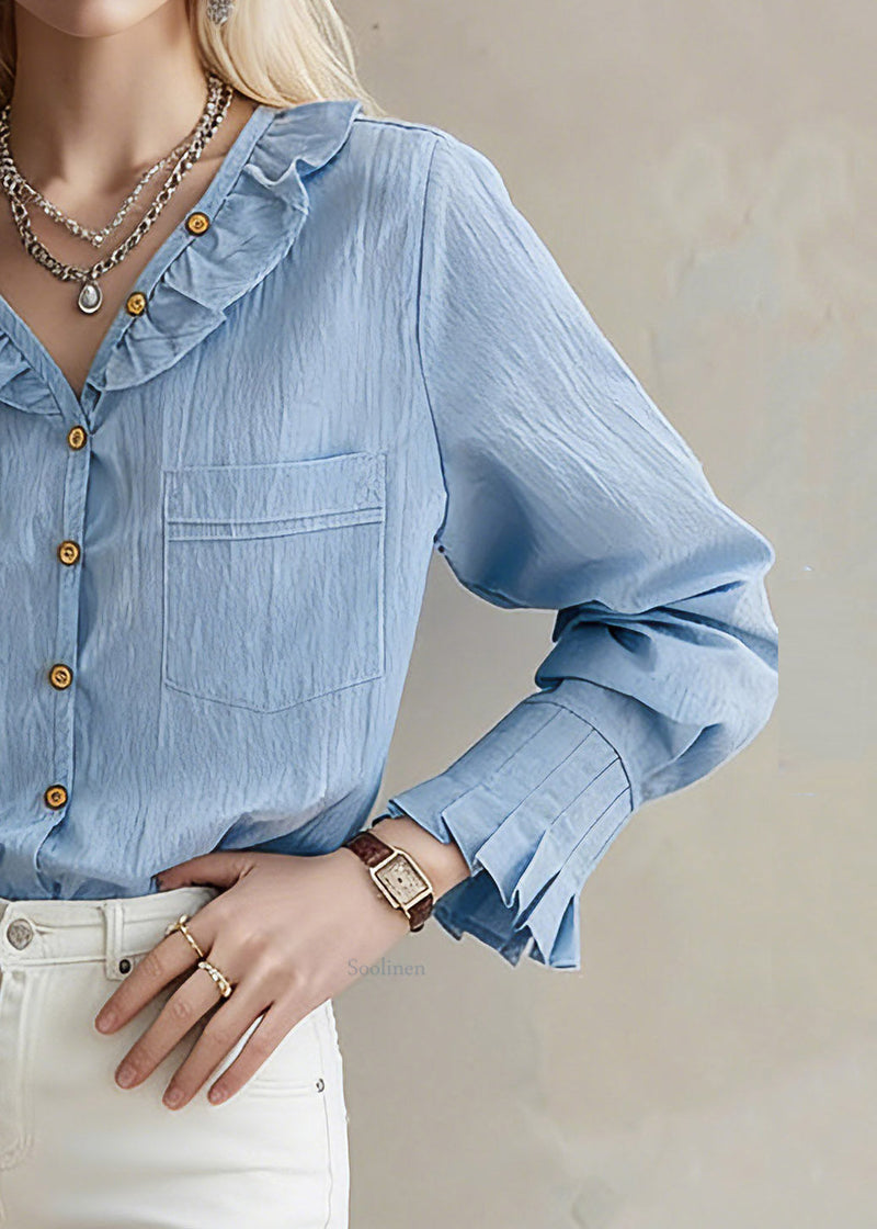 Art Blue V Neck Button Pocket Shirt Long Sleeve