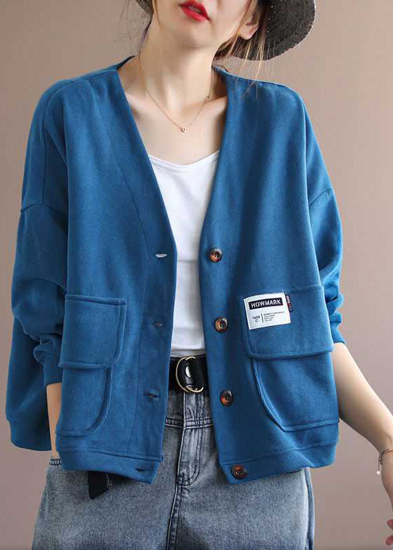 Art Blue V Neck Pockets Button Fall Long Sleeve Coat