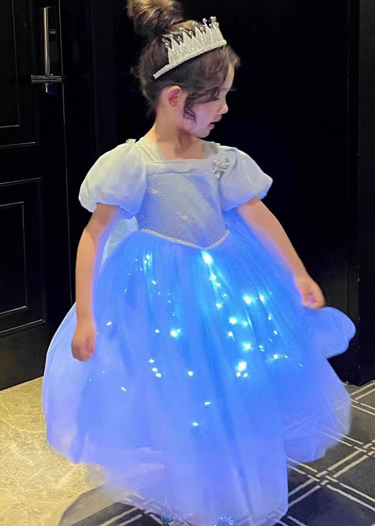 Art Blue Wrinkled Sequins Patchwork Tulle Kids Princess Dresses Summer