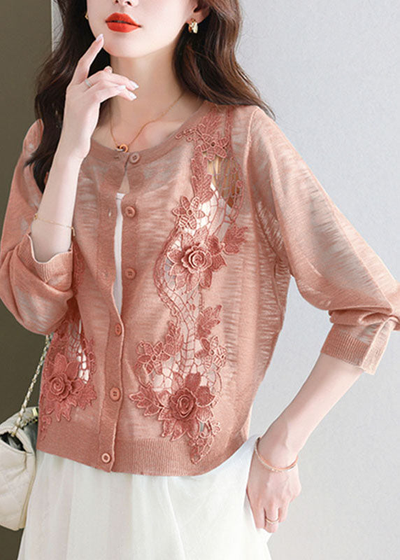 Art Brick Red O-neck Ice Size Knit Cardigans Summer