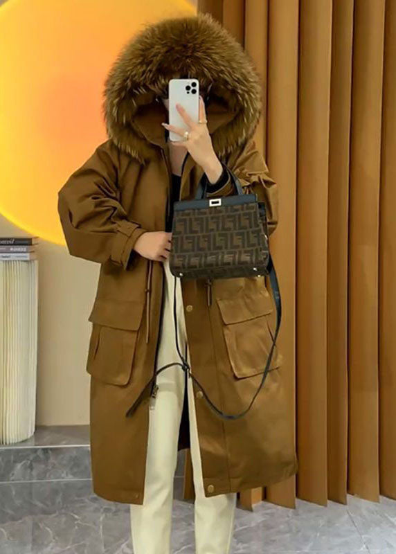 Art Caramel Faux Fur Collar Drawstring Pockets Parka Winter