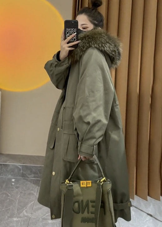 Art Caramel Faux Fur Collar Drawstring Pockets Parka Winter