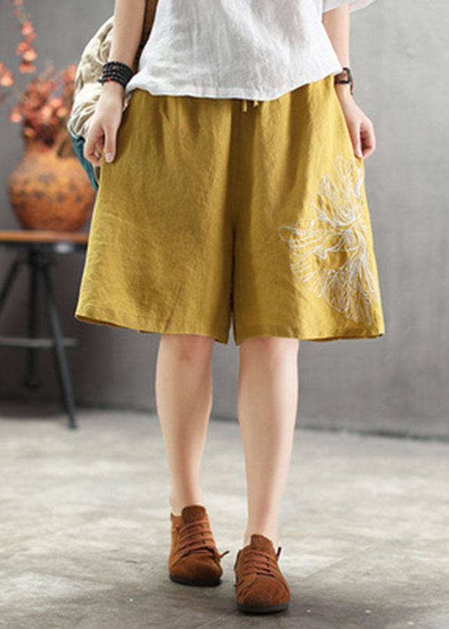 Art Chocolate Embroideried Tie Waist Linen Hot Pants