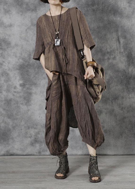 Art Chocolate Tie Waist Wrinkled Fall Tops Half Sleeve