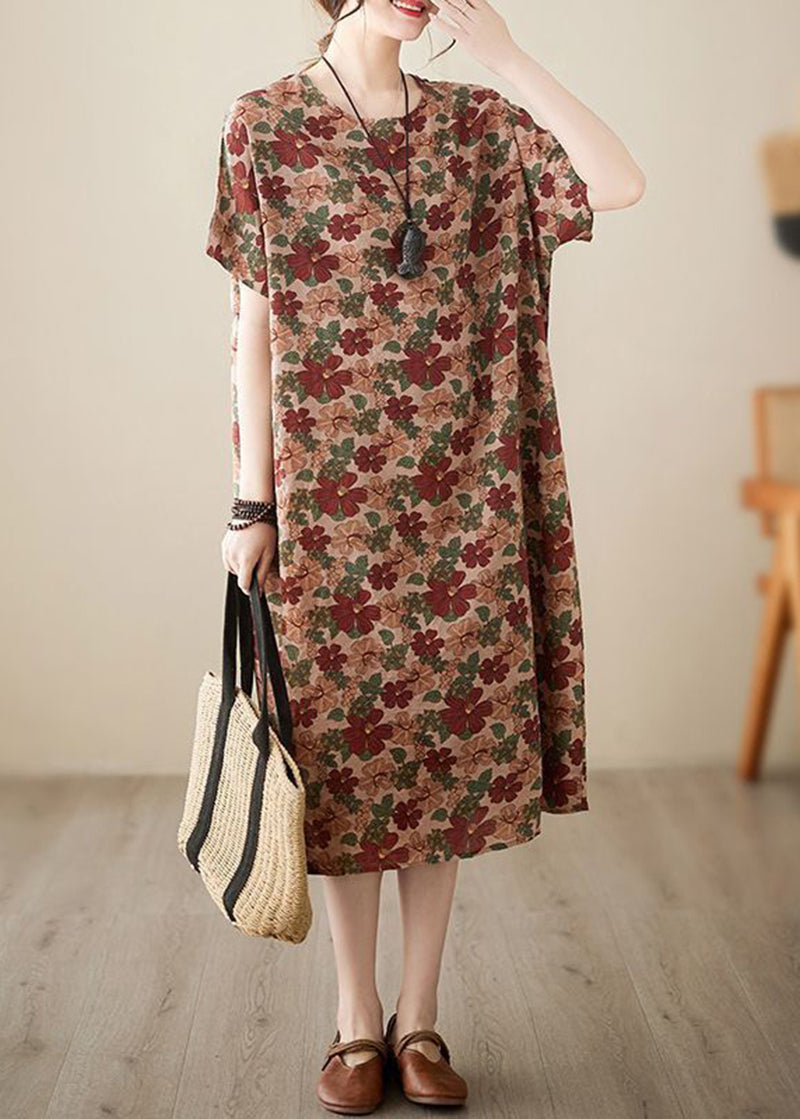 Art Coffee O-neck Print Cotton Dresses Short Sleeve