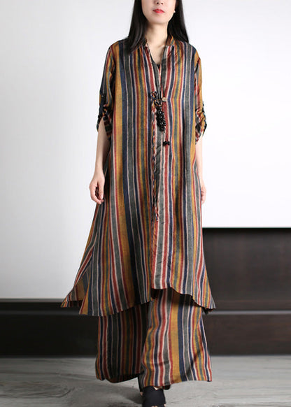 Art Coffee V Neck Striped Patchwork Silk Maxi Shirts and Wide Leg Pants Two Piece Set Spring