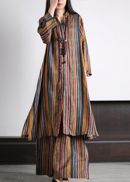 Art Coffee V Neck Striped Patchwork Silk Maxi Shirts and Wide Leg Pants Two Piece Set Spring