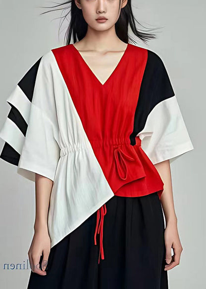 Art Colorblock Asymmetrical Patchwork Cotton Cinched Shirt Summer