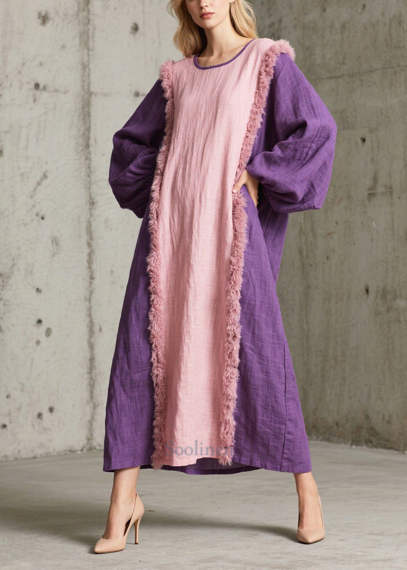 Art Colorblock Oversized Patchwork Faux Fur Dresses Fall