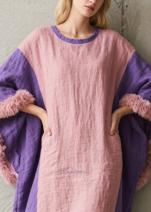 Art Colorblock Oversized Patchwork Faux Fur Maxi Dresses Batwing Sleeve