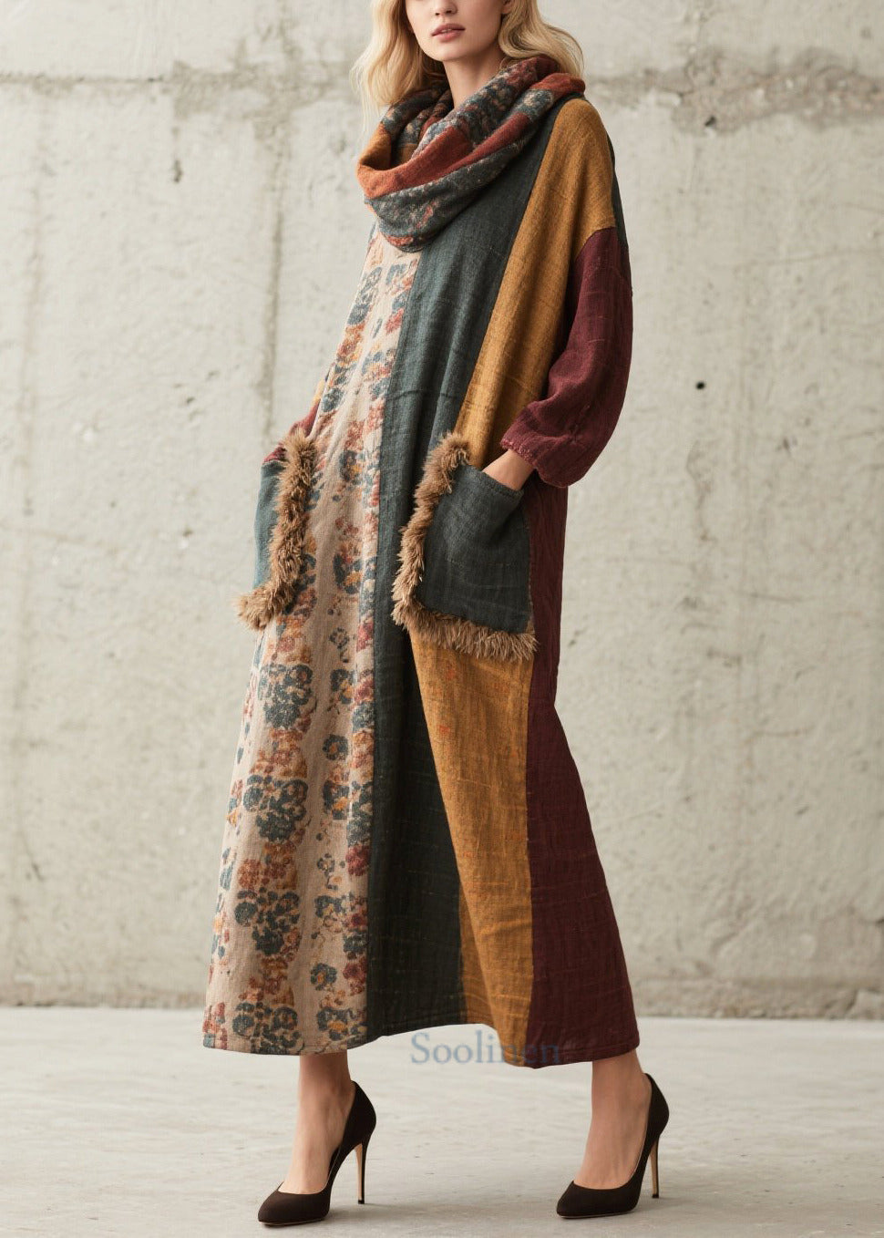 Art Colorblock Oversized Patchwork Faux Fur With Pockets Vacation Dress Fall