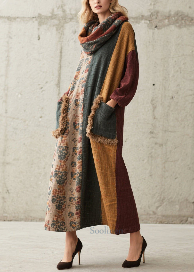 Art Colorblock Oversized Patchwork Faux Fur With Pockets Vacation Dress Fall
