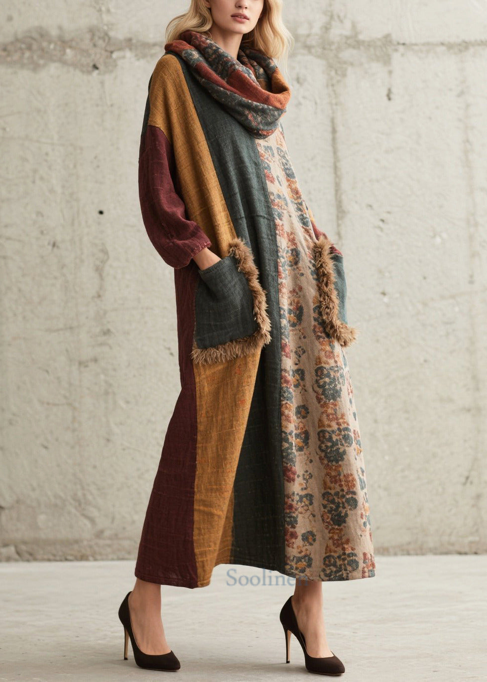 Art Colorblock Oversized Patchwork Faux Fur With Pockets Vacation Dress Fall