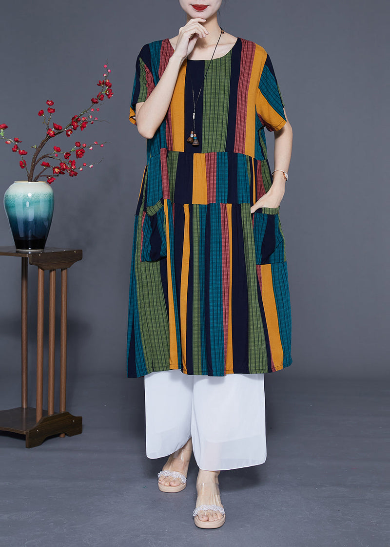 Art Colorblock Oversized Patchwork Striped Cotton Maxi Dresses Summer