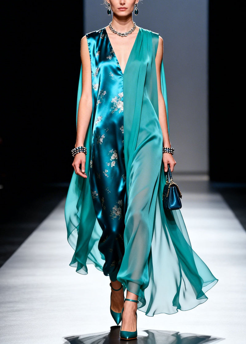 Art Colorblock V Neck Print Patchwork Chiffon Dresses Sleeveless
