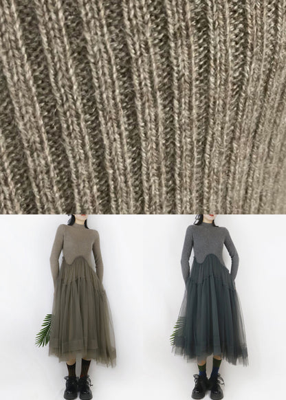 Art Dark Gray Asymmetrical Tulle Patchwork Sweater Dress Winter