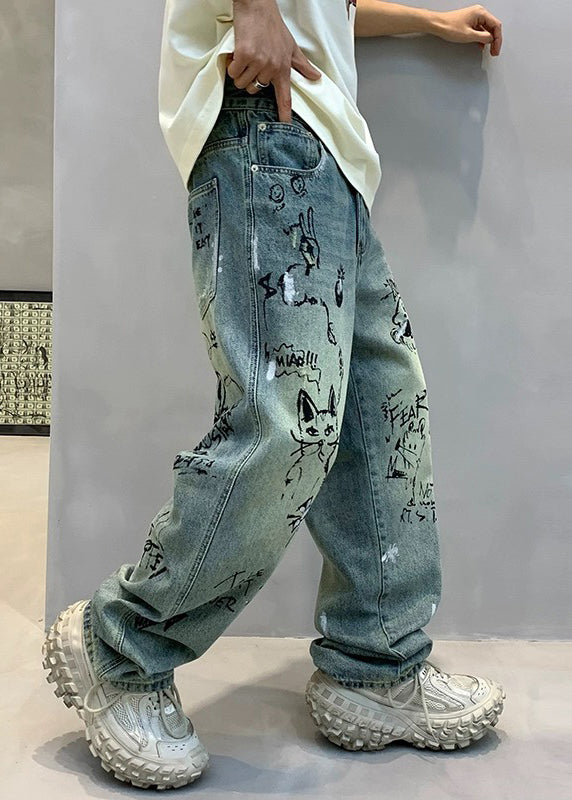Art Denim Blue High Wais Print Pants
