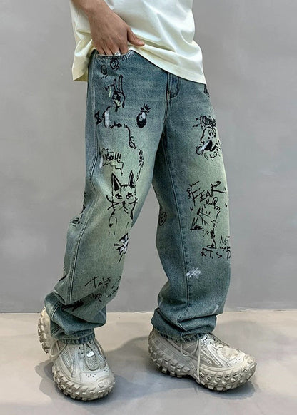 Art Denim Blue High Wais Print Pants
