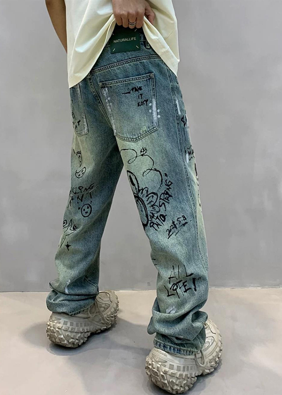Art Denim Blue High Wais Print Pants