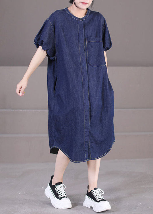 Art Denim Blue O-neck Patchwork Cotton Shirt Dresses Lantern Sleeve