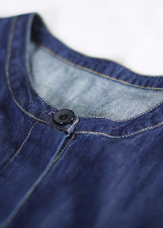 Art Denim Blue O-neck Patchwork Cotton Shirt Dresses Lantern Sleeve