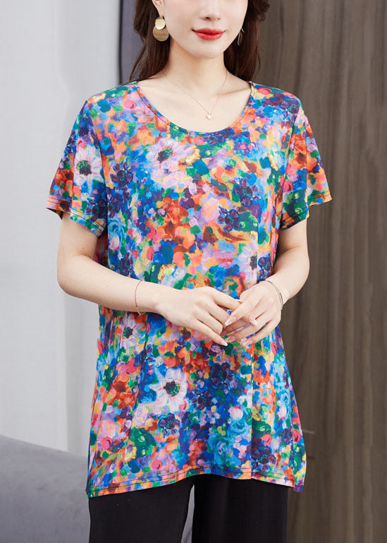 Art O Neck Patchwork Cotton T Shirt Top Short Sleeve