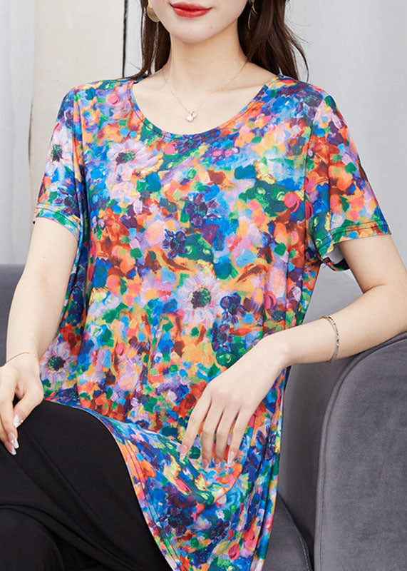 Art O Neck Patchwork Cotton T Shirt Top Short Sleeve