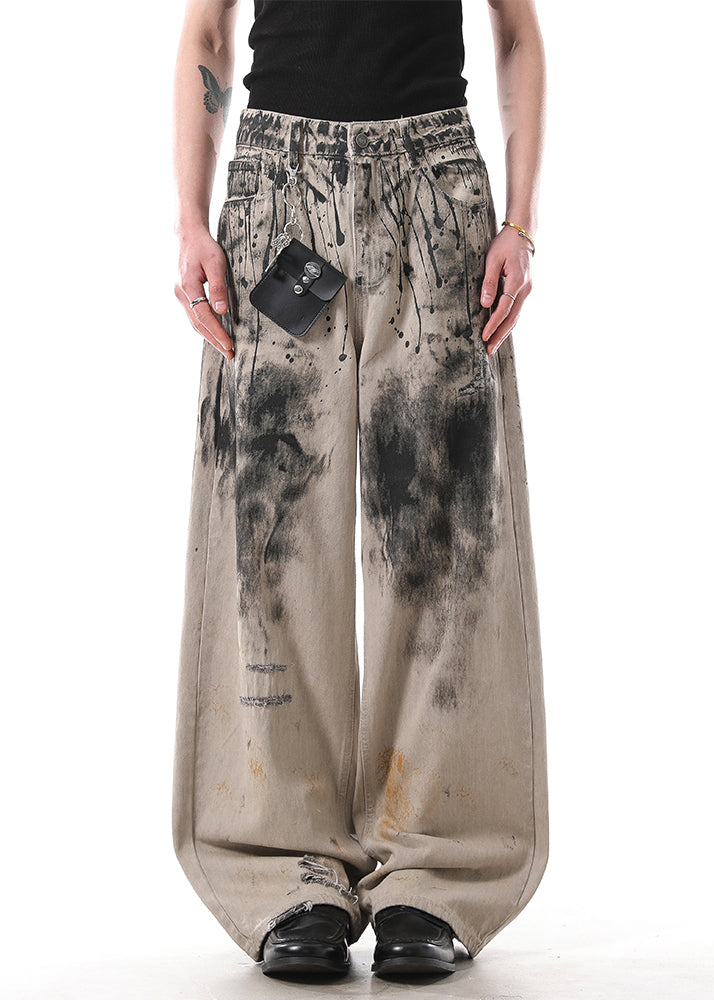 Art Graffiti Pockets High Waist Denim Wide Leg Pants Fall