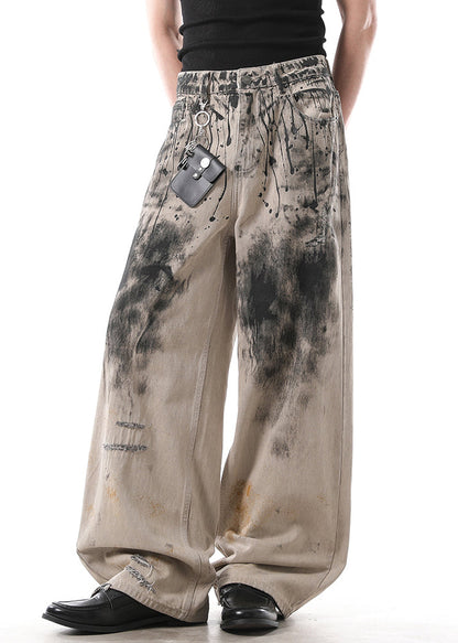 Art Graffiti Pockets High Waist Denim Wide Leg Pants Fall