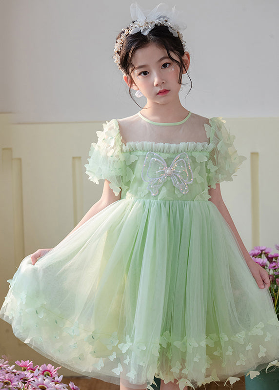 Art Grass Green Butterfly Hollow Out Tulle Kids Dress Summer