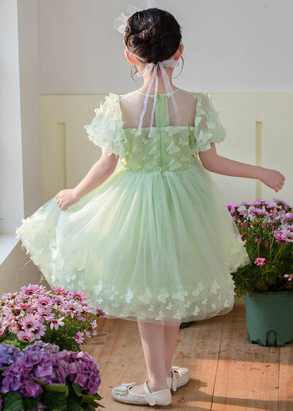 Art Grass Green Butterfly Hollow Out Tulle Kids Dress Summer