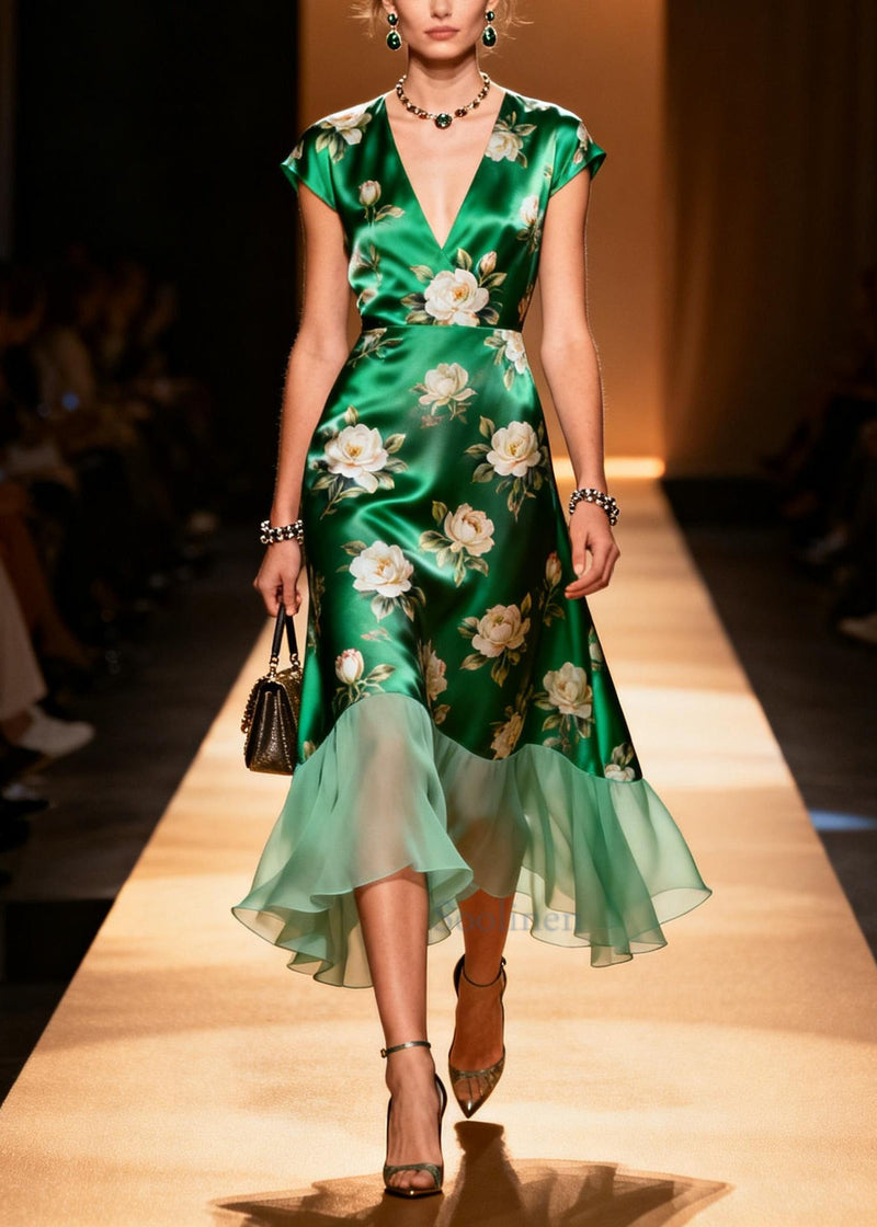 Art Grass Green V Neck Patchwork Flower Print Silk Party Dress Summer