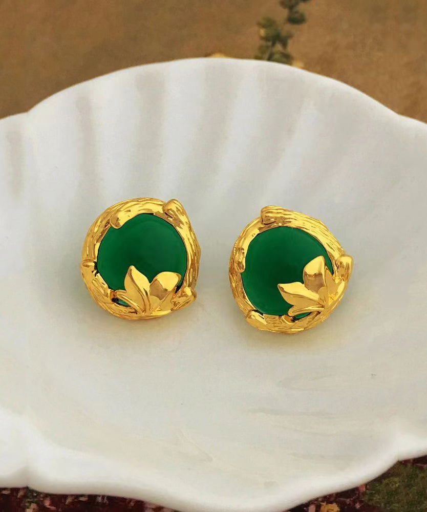 Art Green Copper Overgild 14k Gold Gem Stone Stud Earrings Df1025