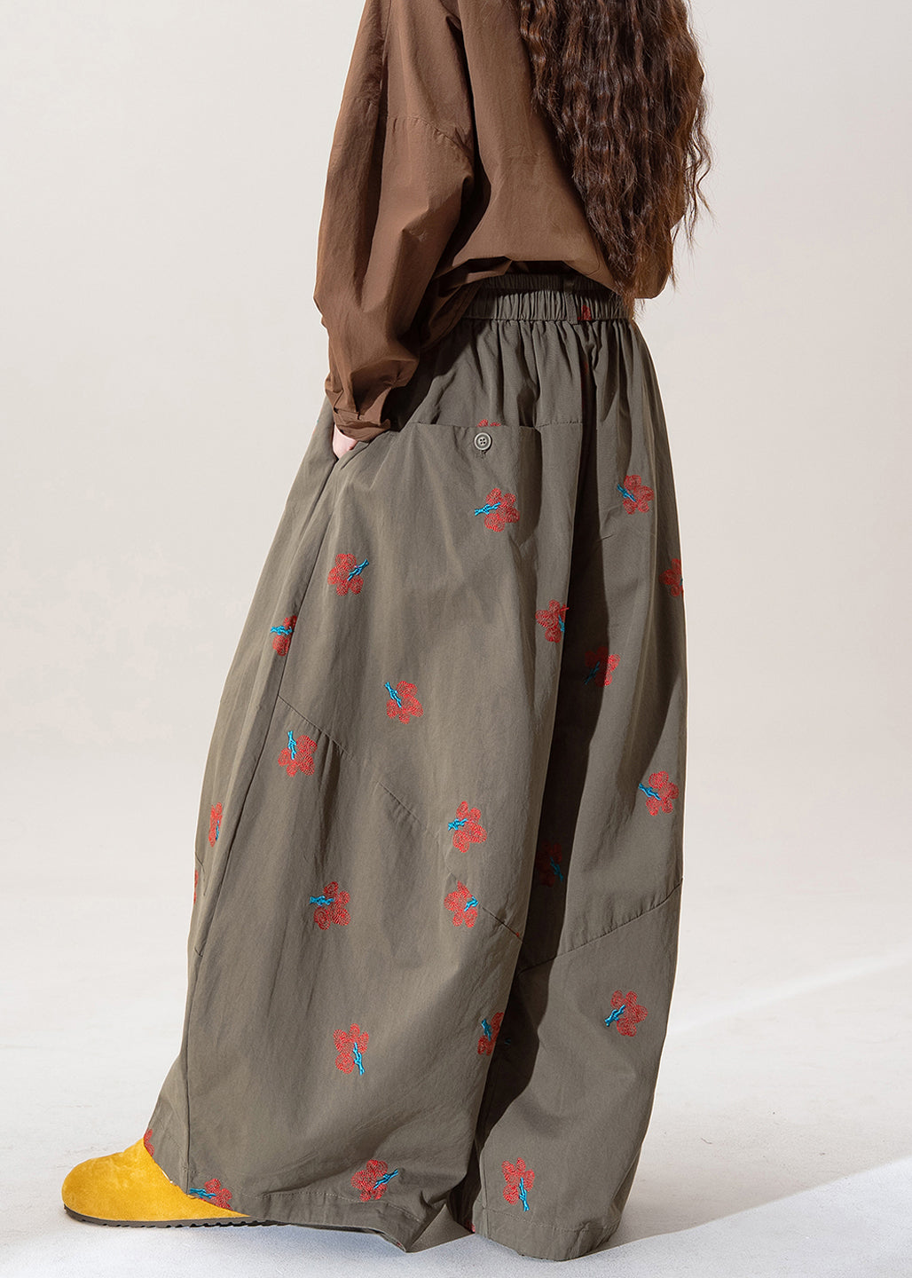 Art Green Embroidered Elastic Waist Cotton Wide Leg Pants Spring