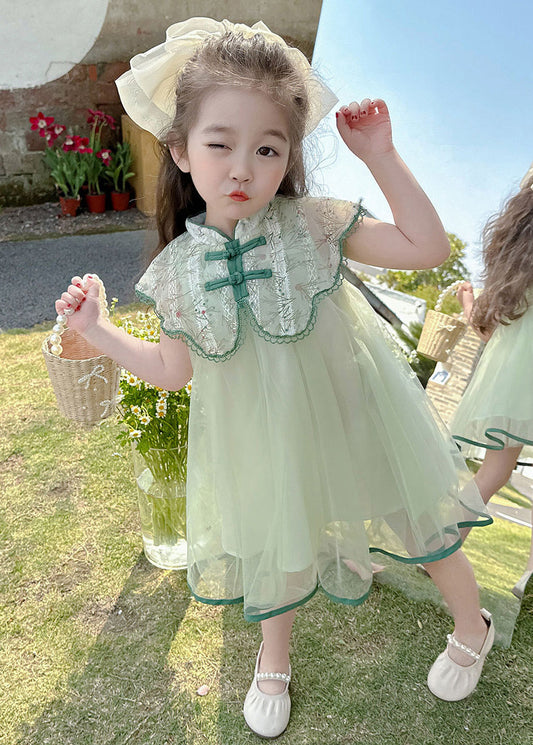 Art Green Embroideried Patchwork Button Tulle Vacation Maxi Dresses Summer