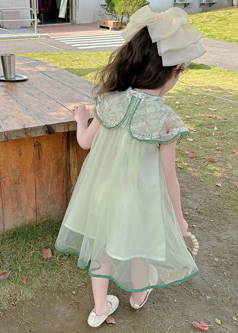 Art Green Embroideried Patchwork Button Tulle Vacation Maxi Dresses Summer
