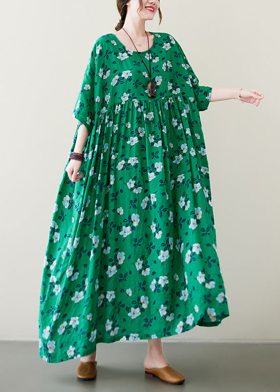 Art Green O-neck Patchwork Print Cotton Long Dresses Short Sleeve