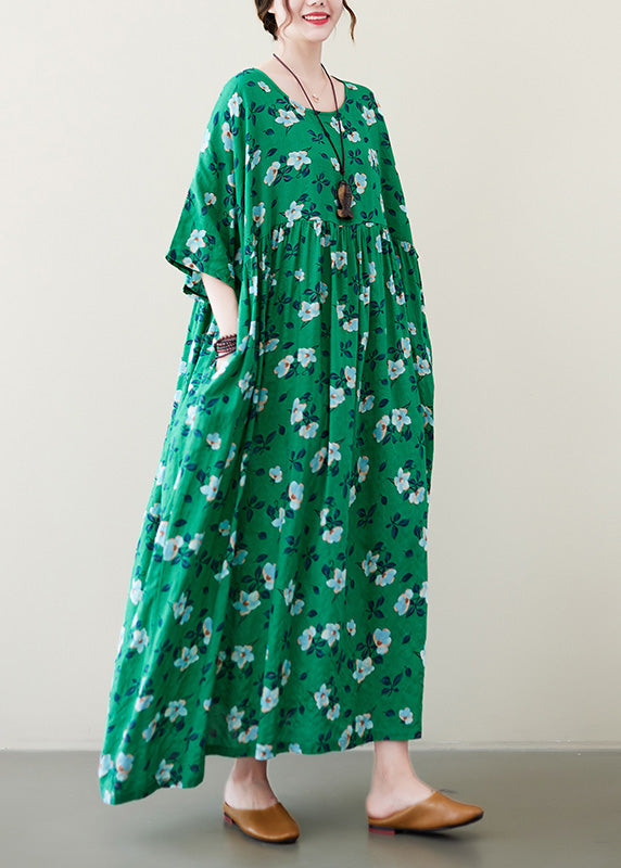 Art Green O-neck Patchwork Print Cotton Long Dresses Short Sleeve