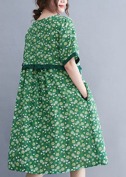 Art Green O-neck Print Patchwork Ruffles Cotton Linen Mid Dresses Short Sleeve