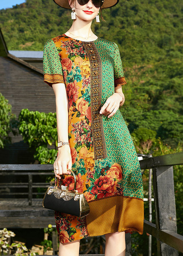 Art Green O-neck Print Silk Formal Dresses Short Sleeve